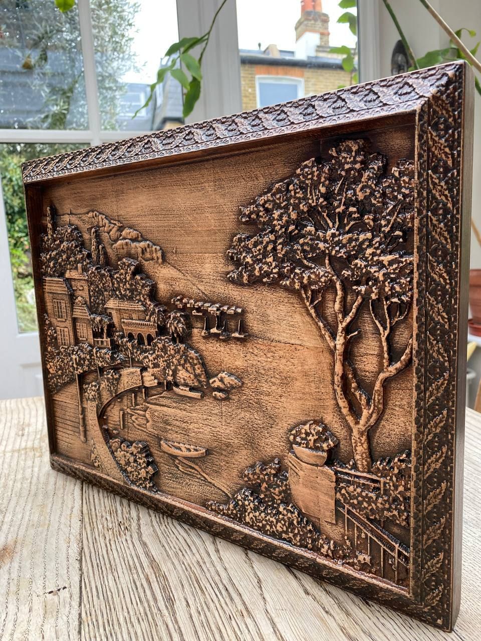 Carved Wooden Painting "Italian Landscape". The Material Is Alder.  Size 430mm X 338mm photo furniture