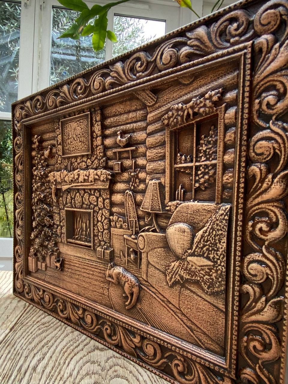 Carved Wooden Painting "Home Comfort", Or "The House Where Happiness Lives" Material   Alder.  Size 450mm X 332mm photo for sale