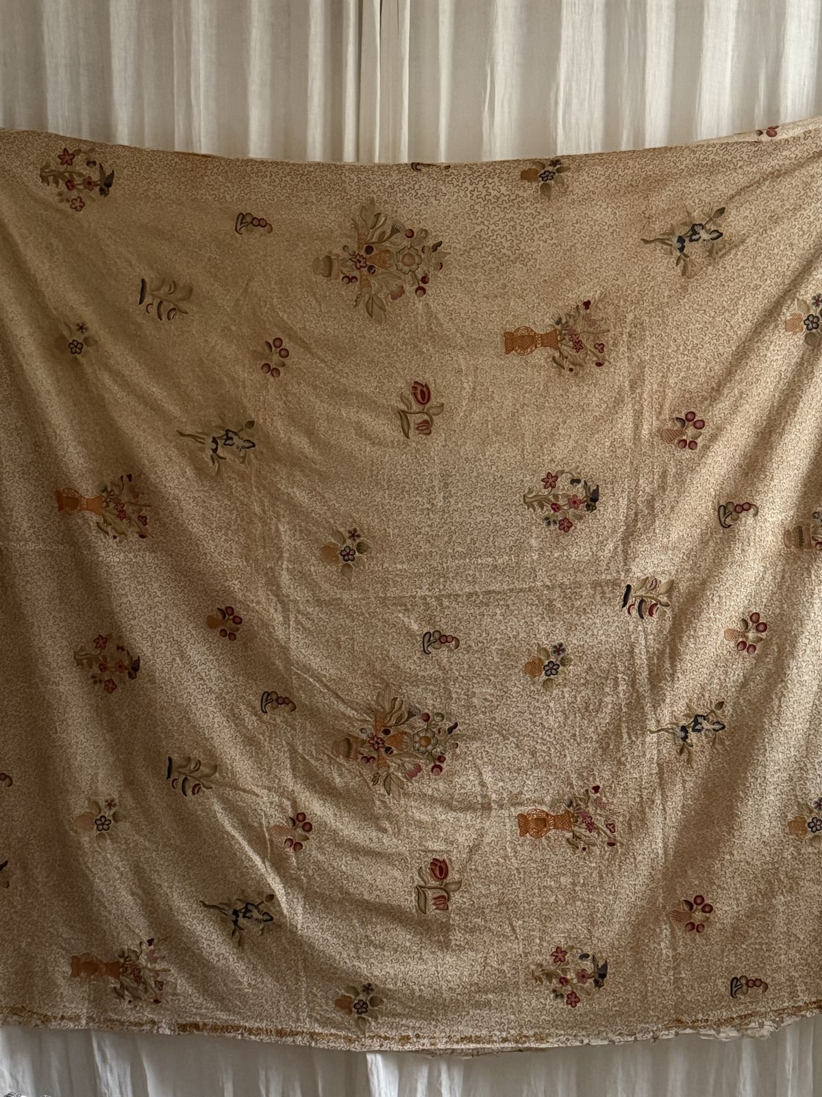 A Queen Anne Style Embroidered Silkwork And Linen Floral Panel Late 19th Century photo for sale
