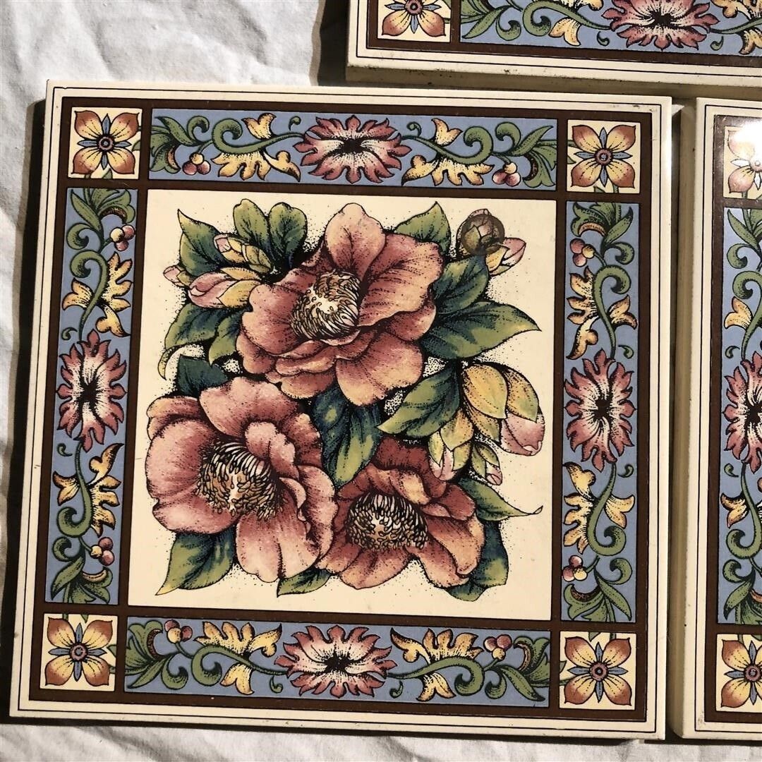 photo for sale Ten Assorted Victorian Style Ceramic Fireplace Tiles With Floral Designs Ex Display