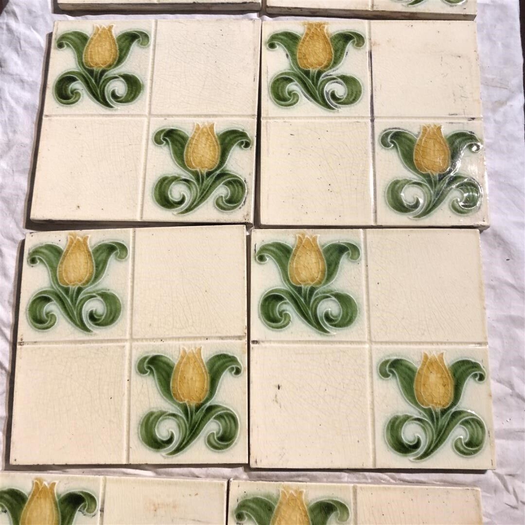 Set Of Ten Original Antique Fireplace Tiles With Nouveau Tulips 1900 photo vintage