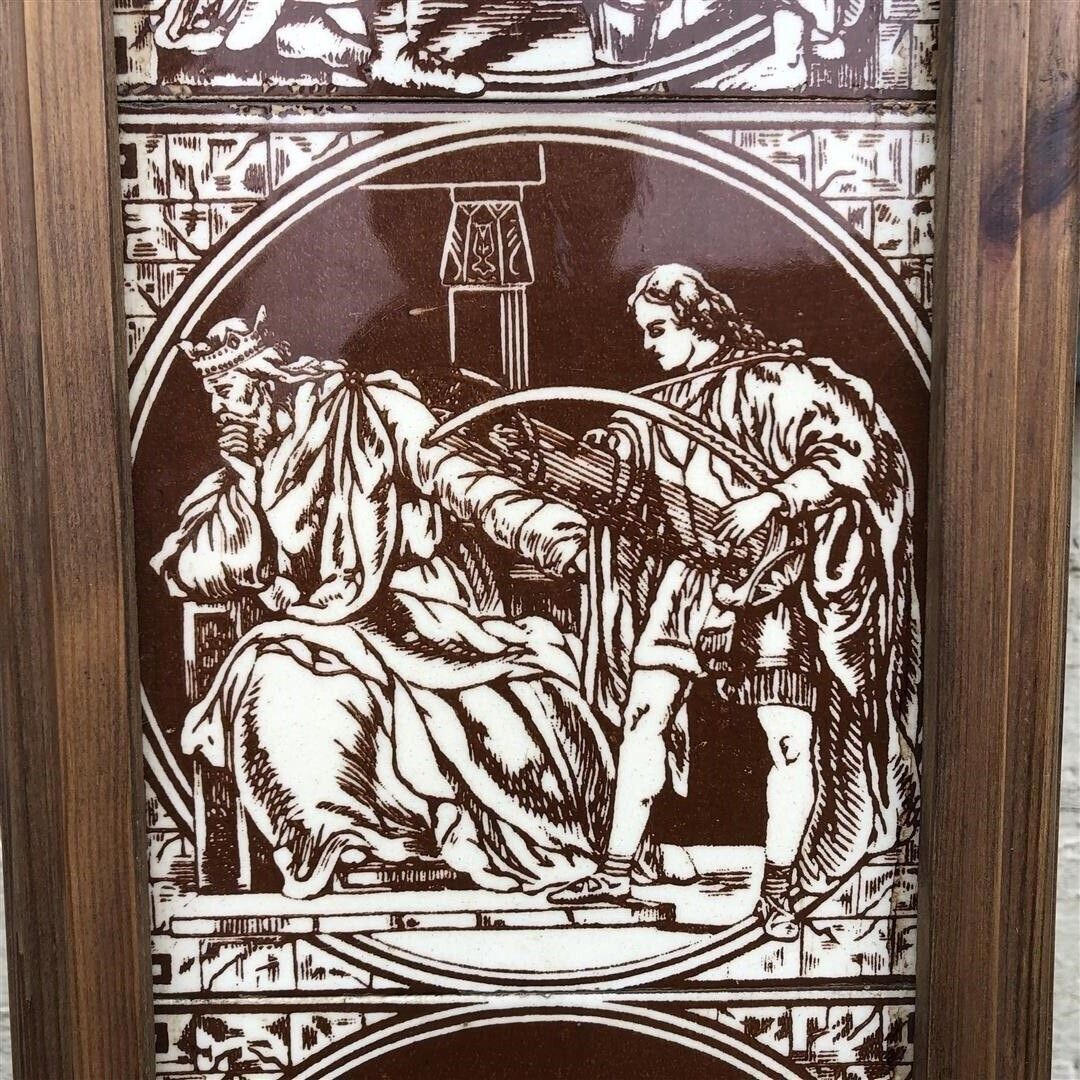 Antique Original Minton Hollis Ceramic Fireplace Tiles In Wood Frame Showing Biblical Scenes 1870s photo furniture