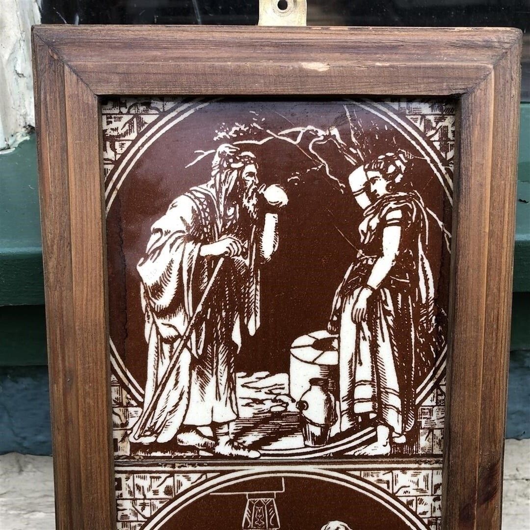 Antique Original Minton Hollis Ceramic Fireplace Tiles In Wood Frame Showing Biblical Scenes 1870s