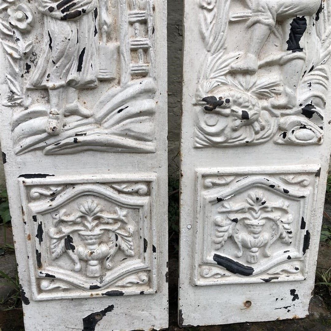 Antique Cast Iron Decorative Fireplace Panels Shepherd Boy Milkmaid 1890s photo 345.0
