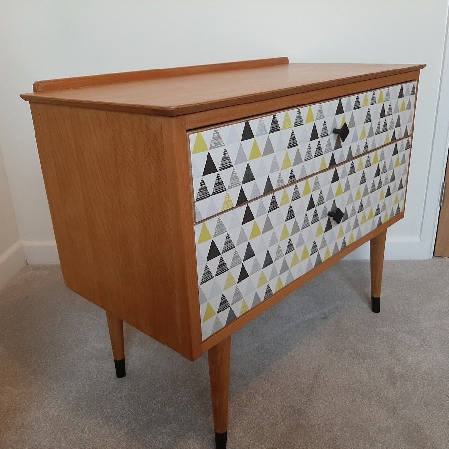 Mid Century Chest Of Drawers With Tapered Legs And Added Geometric Design. photo Furniture