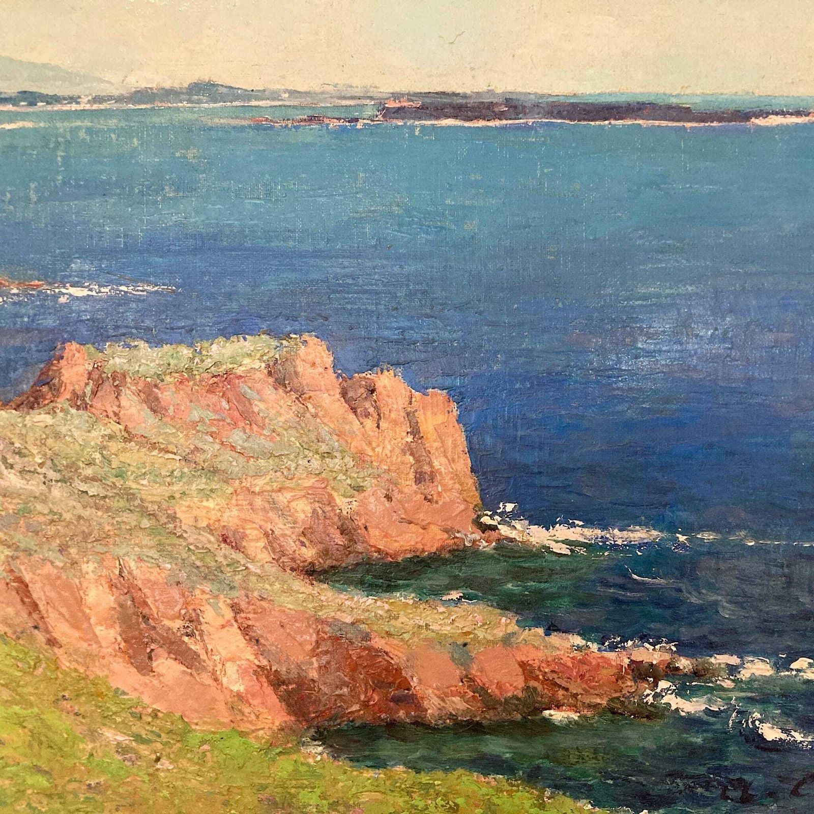 Cote D’azure   Vintage Oil On Canvas Board Coastline Painting Of The Cote D’azure France Dated 1957 photo Art