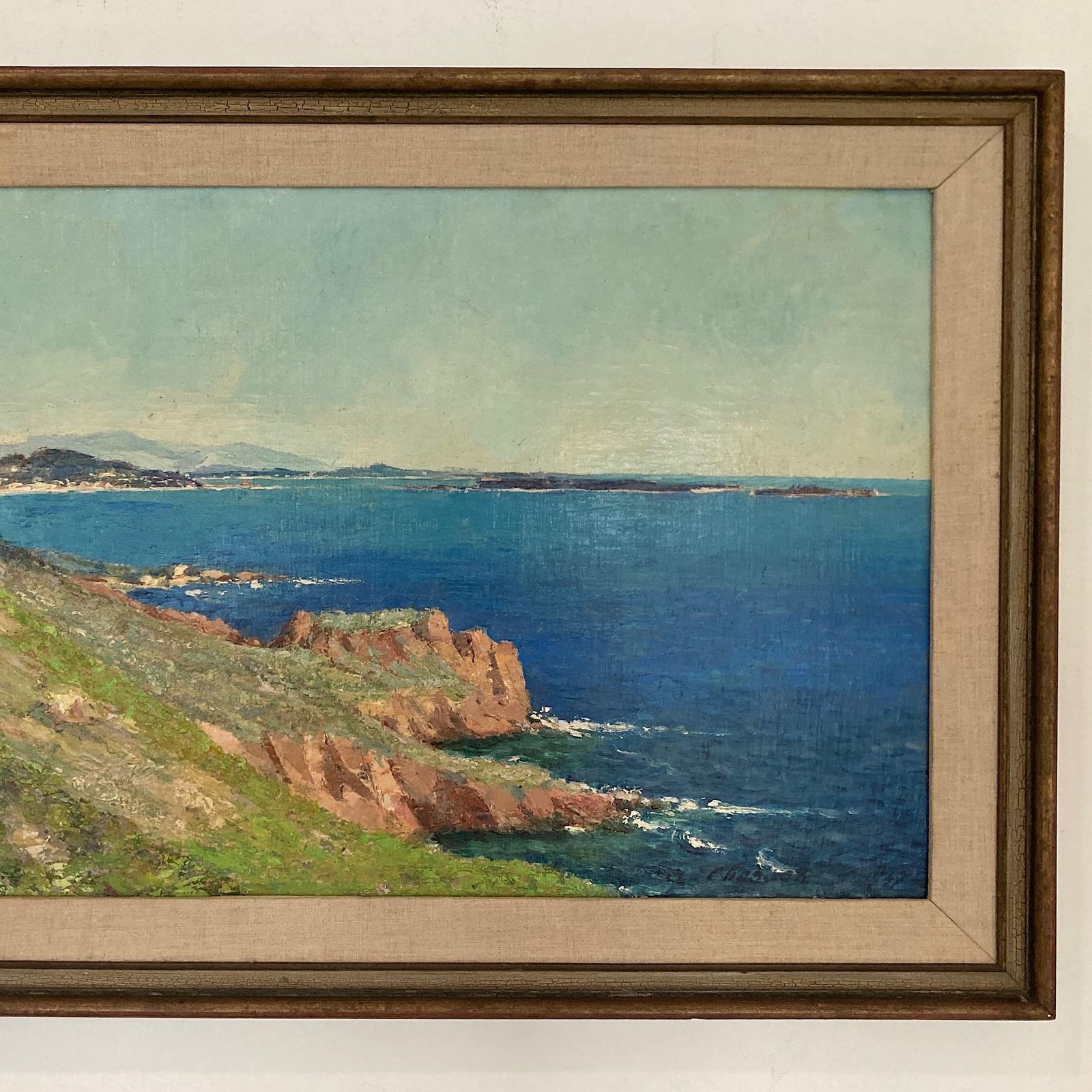 Cote D’azure   Vintage Oil On Canvas Board Coastline Painting Of The Cote D’azure France Dated 1957 photo vinterior