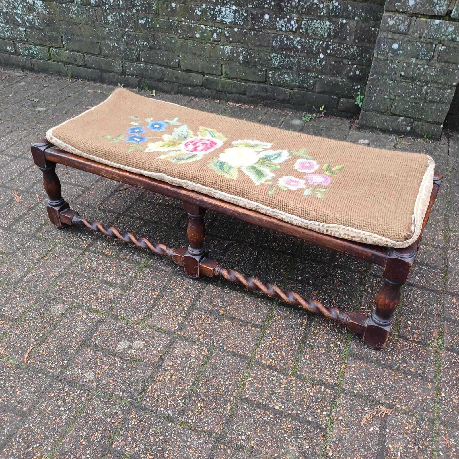 Early 20th Century Oak Stool With Turned Legs Bold Still Life Tapestry Cushion & Cane Seat photo furniture