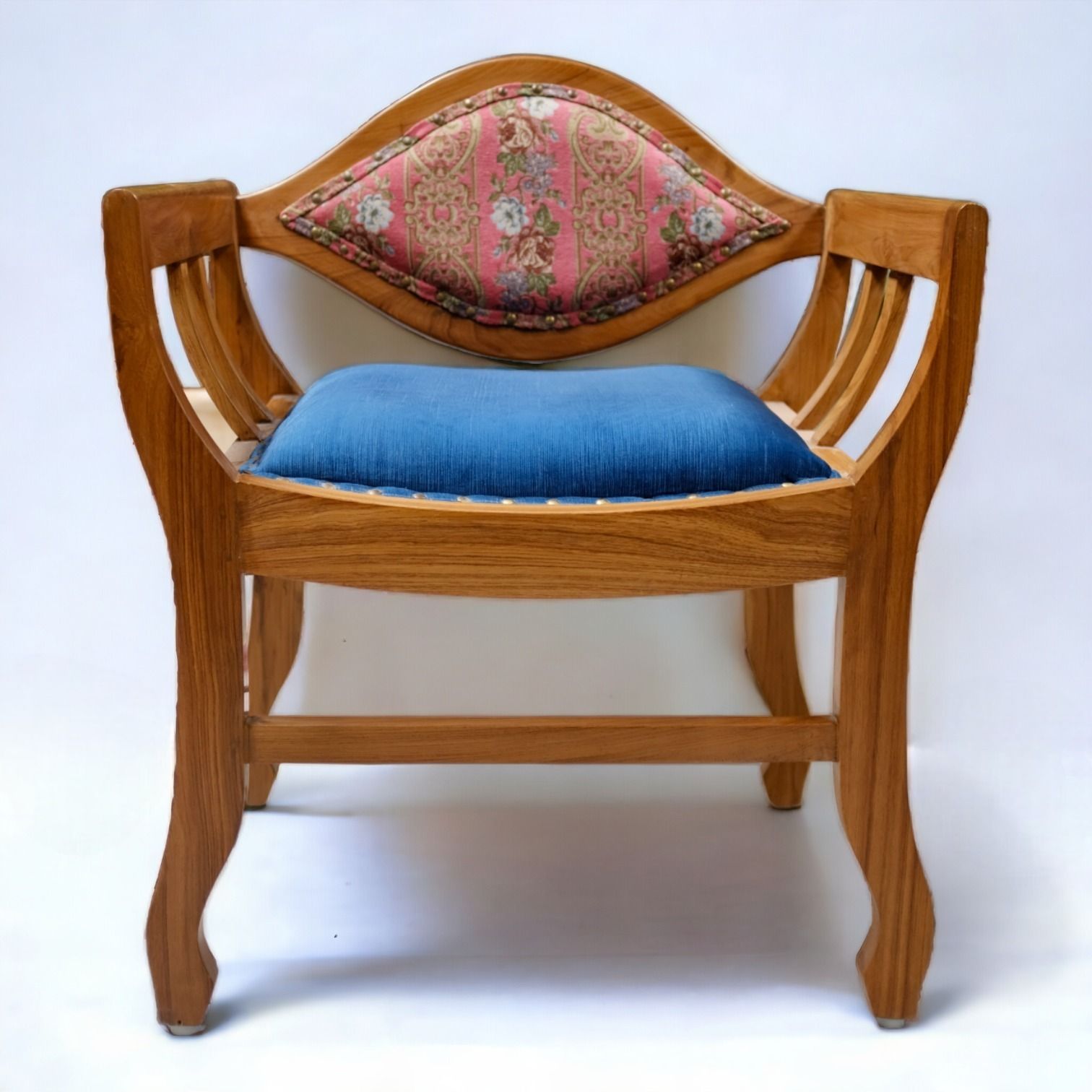 Pair Of Vintage Indian Teakwood Armchairs | Late 20th Century Style | Lotus Backrest & Regal Upholstery photo furniture