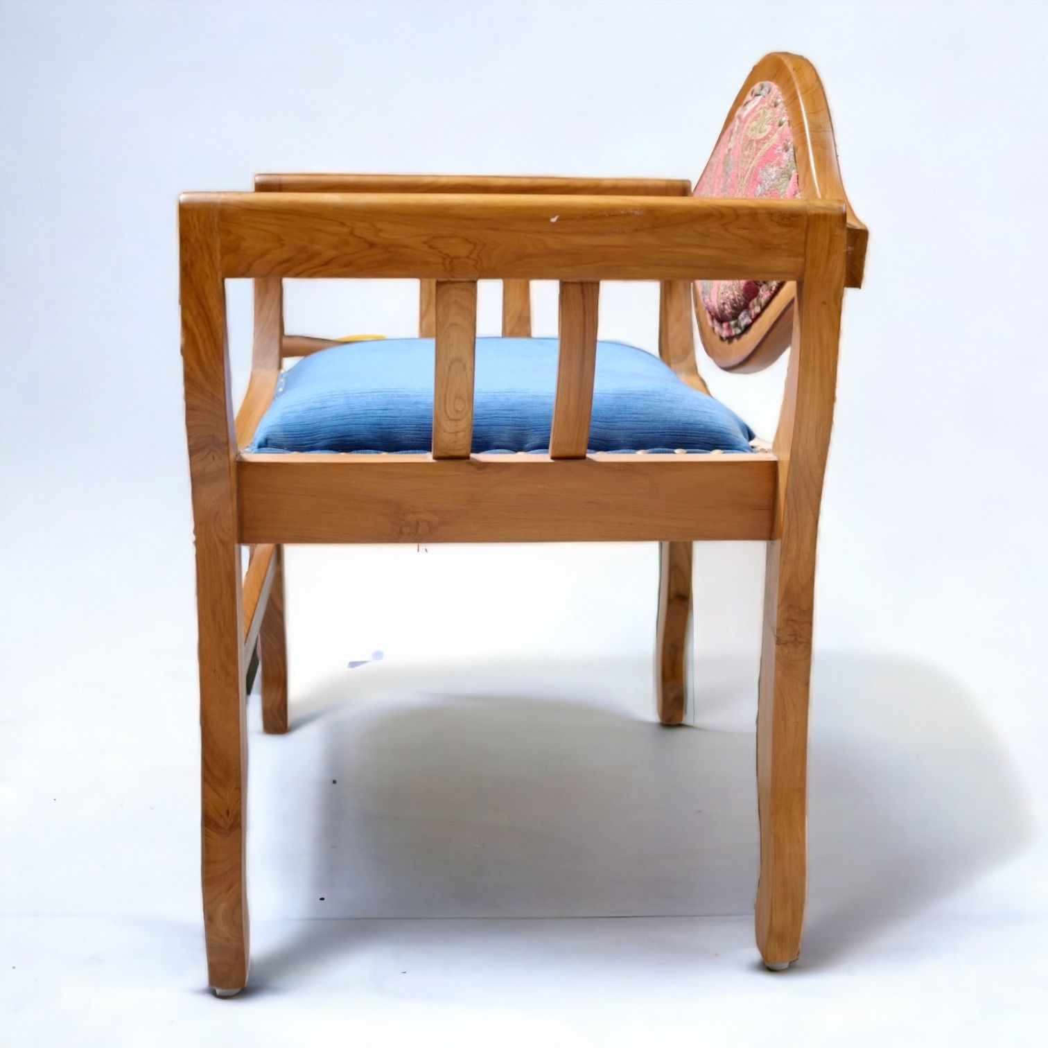 Pair Of Vintage Indian Teakwood Armchairs | Late 20th Century Style | Lotus Backrest & Regal Upholstery photo Furniture