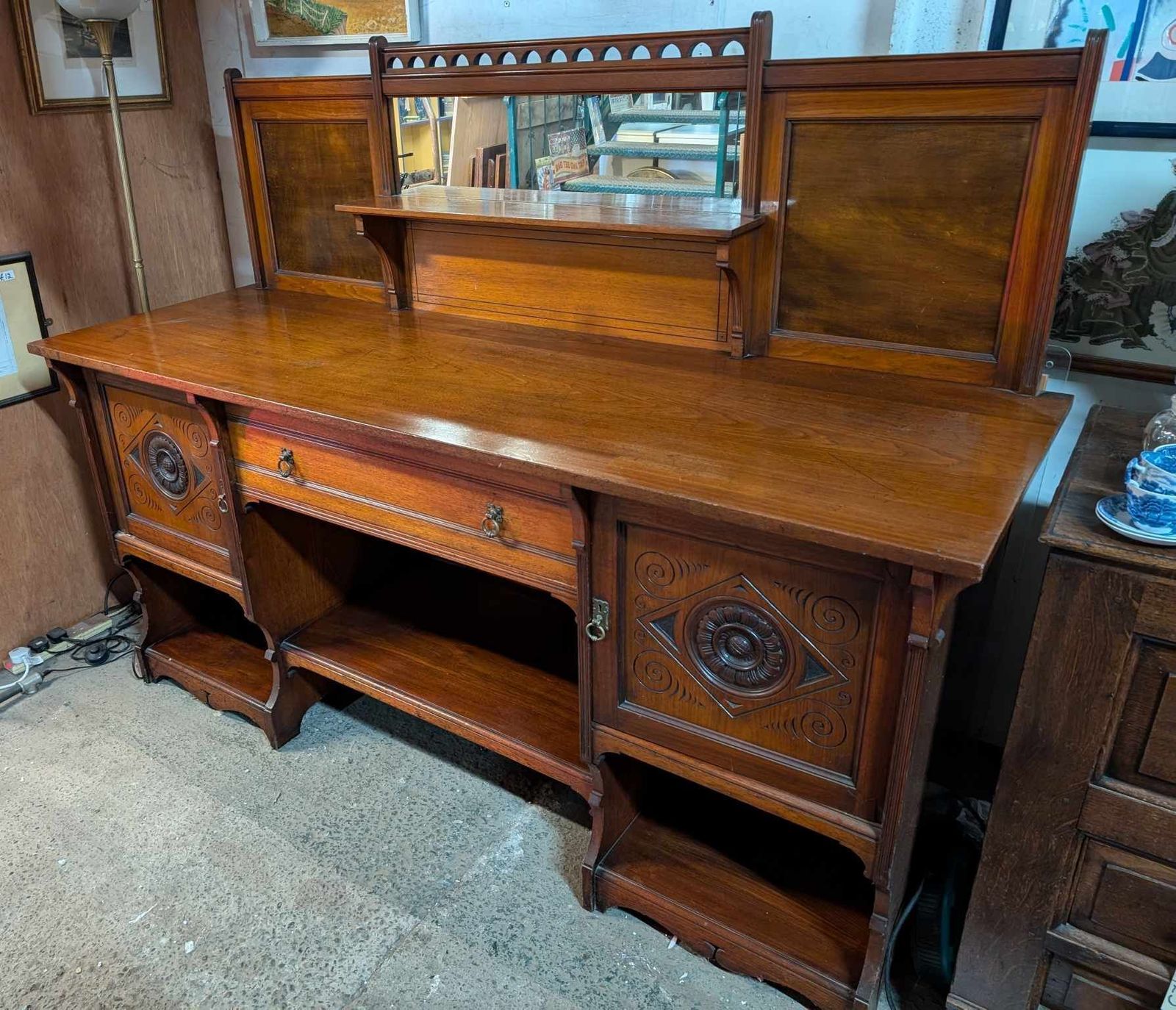 Large 20th Century Oak Sideboard With Cupboards, Drawer And Shelves