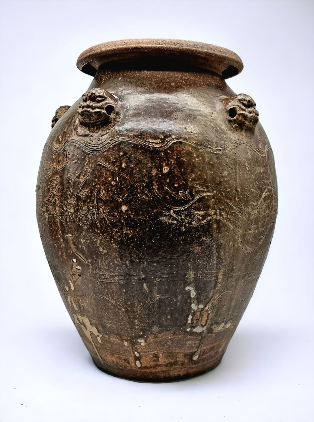 Antique 18th Century Chinese Martaban Jar | Brown Glazed Ceramic Storage Vessel With Dragon Head Handles & Engraved Motifs photo furniture