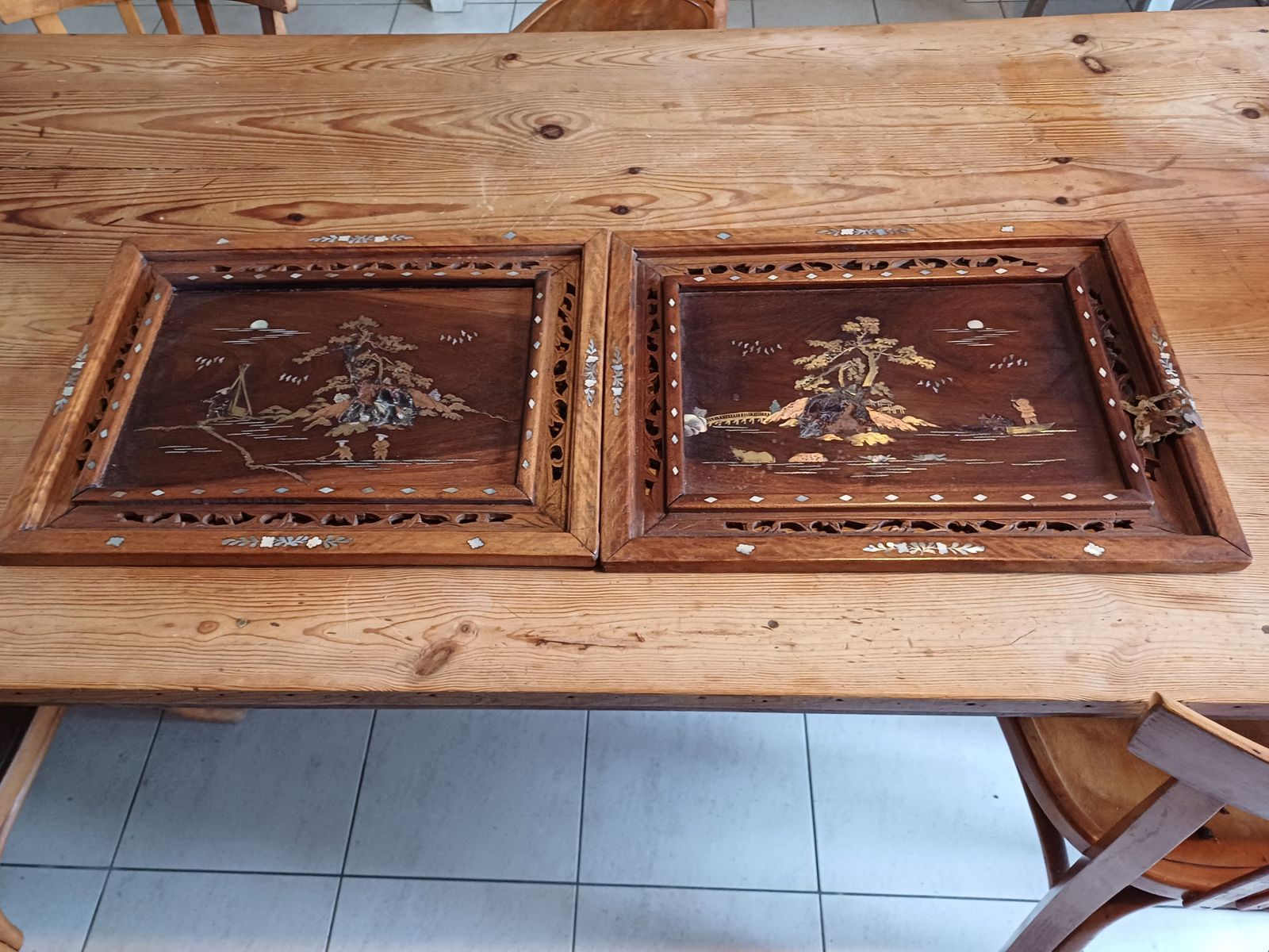 2 Japanese Wood, Brass And Mother Of Pearl Panel Paintings