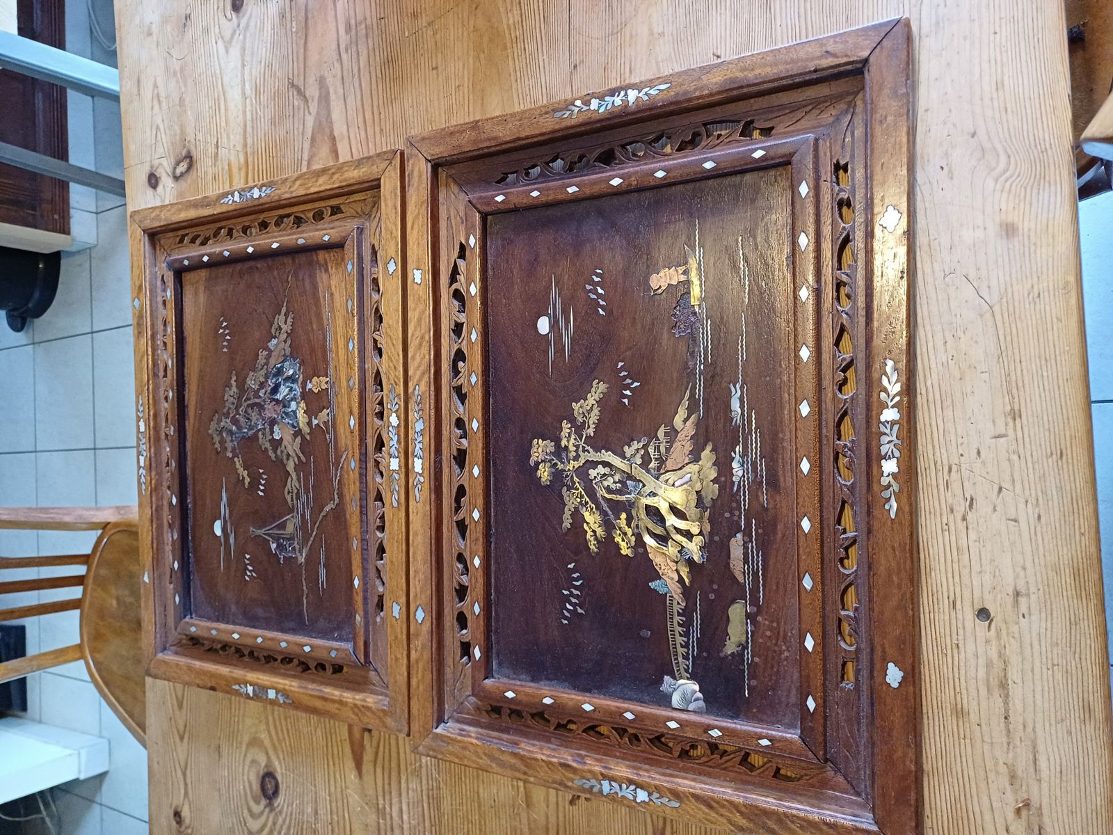2 Japanese Wood, Brass And Mother Of Pearl Panel Paintings photo for sale