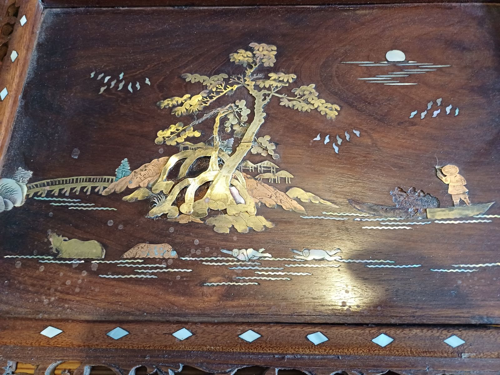 2 Japanese Wood, Brass And Mother Of Pearl Panel Paintings photo buy
