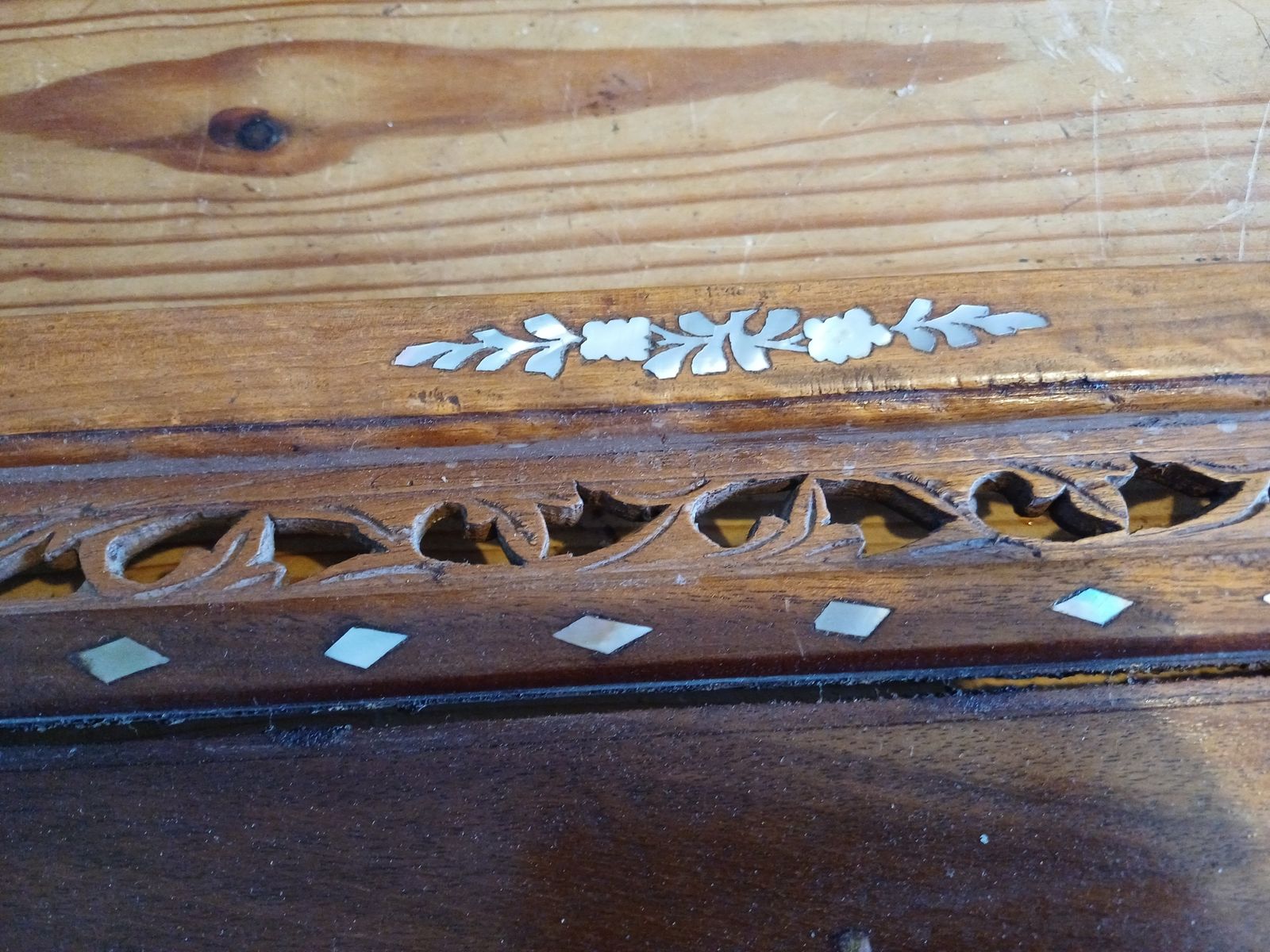 photo for sale 2 Japanese Wood, Brass And Mother Of Pearl Panel Paintings