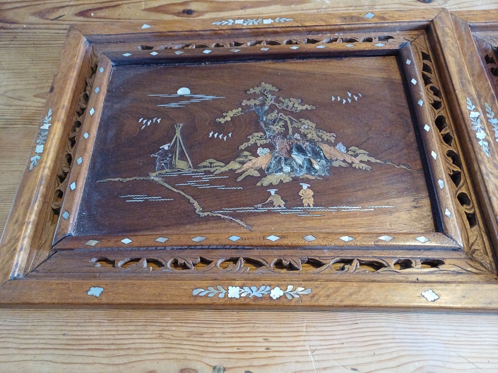 64.0 2 Japanese Wood, Brass And Mother Of Pearl Panel Paintings photo