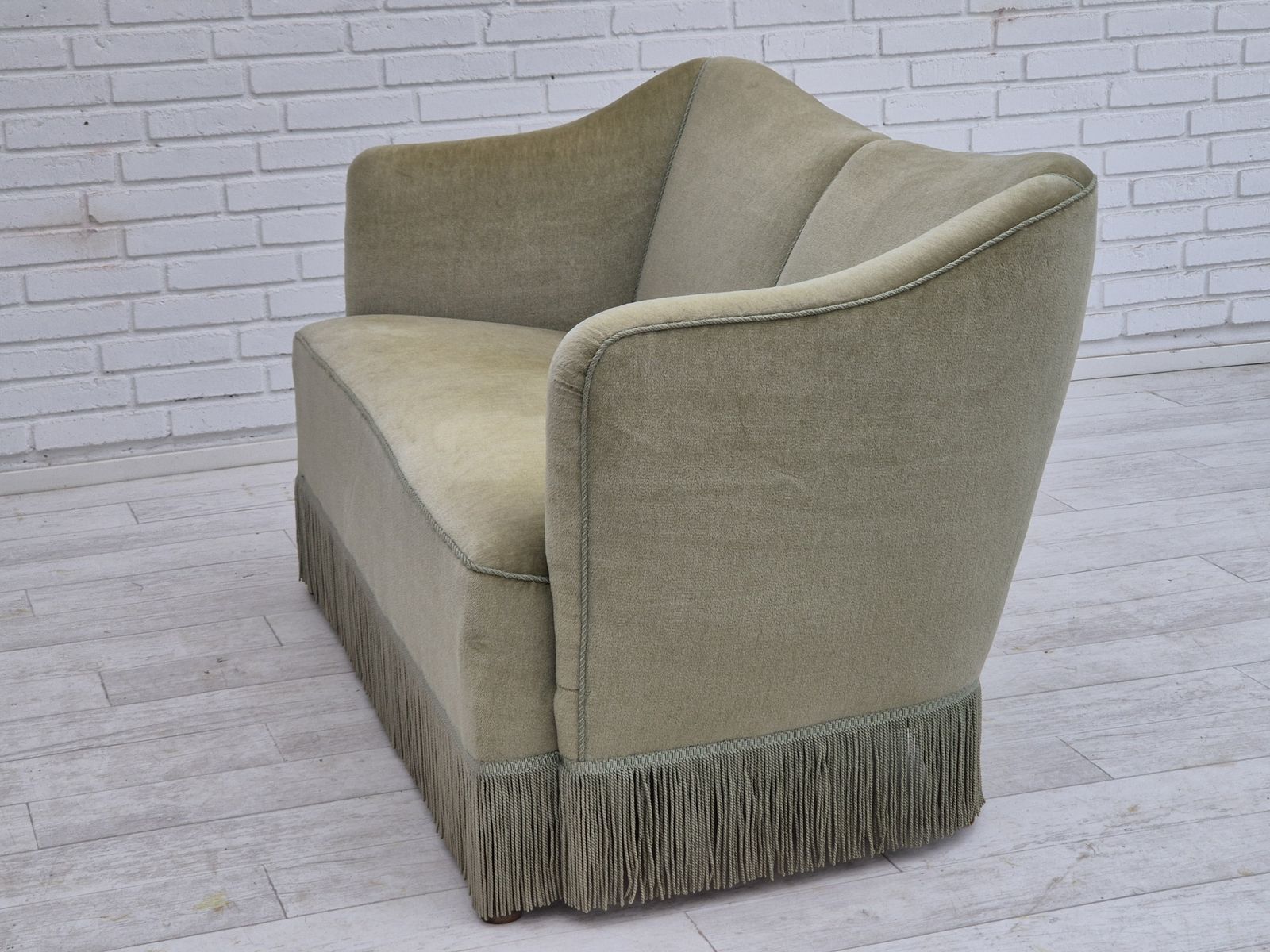1960s, Danish 2 Seater Sofa, Original Condition, Green Furniture Velour. photo for sale