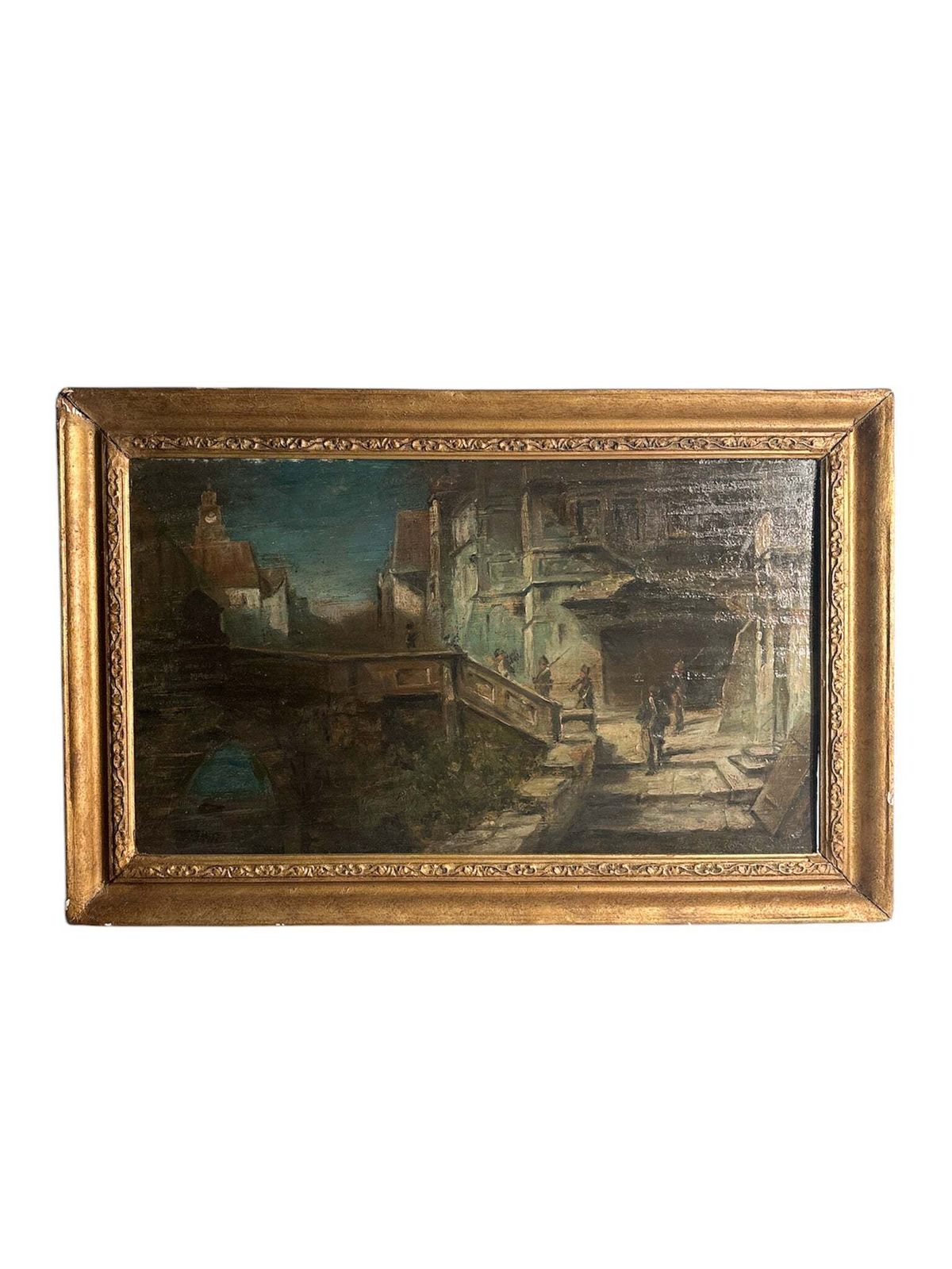 Oil Painting On Panel Of Soldiers In Urban Landscape Late 1800s