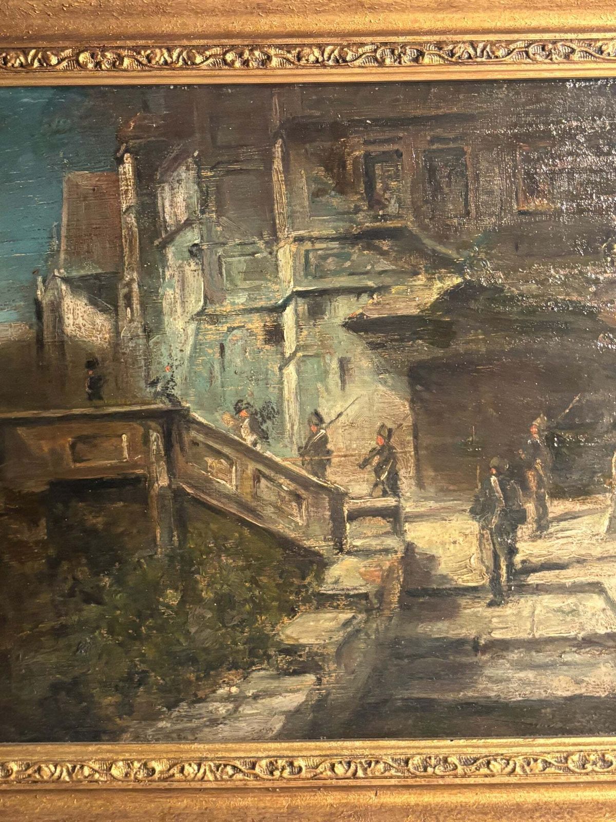 Oil Painting On Panel Of Soldiers In Urban Landscape Late 1800s photo vintage