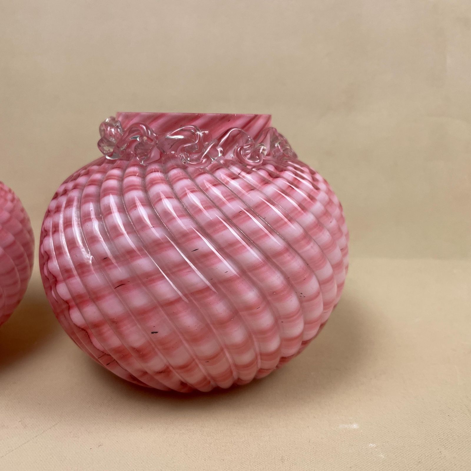 Franz Welz Pair Of Vases Pink Bohemian Glass Antique Swirly C.1890’s Vase Posy Pot White Hand Blown Swirl Tea Light Vintage Pattern Swirled photo furniture