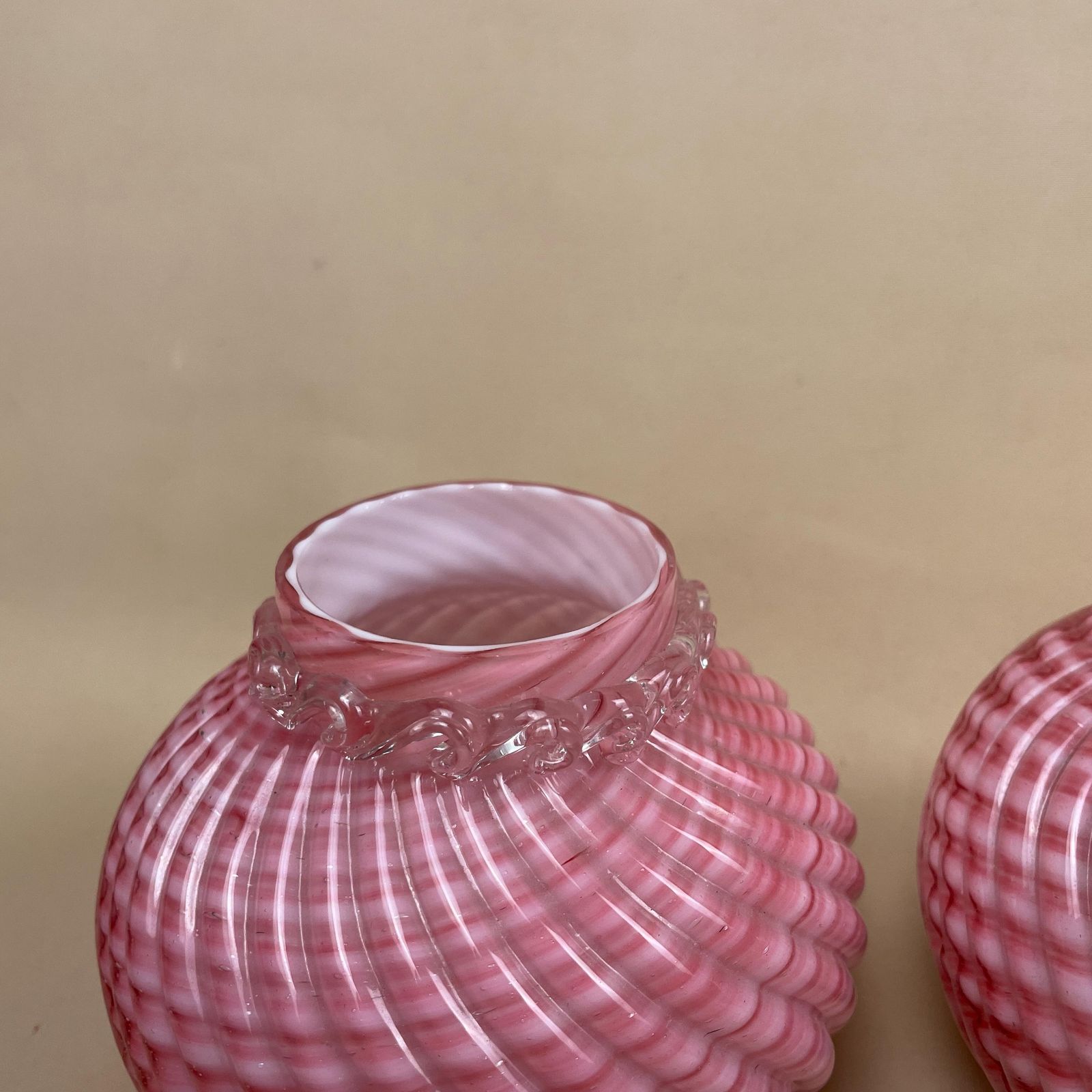 Franz Welz Pair Of Vases Pink Bohemian Glass Antique Swirly C.1890’s Vase Posy Pot White Hand Blown Swirl Tea Light Vintage Pattern Swirled photo vinterior