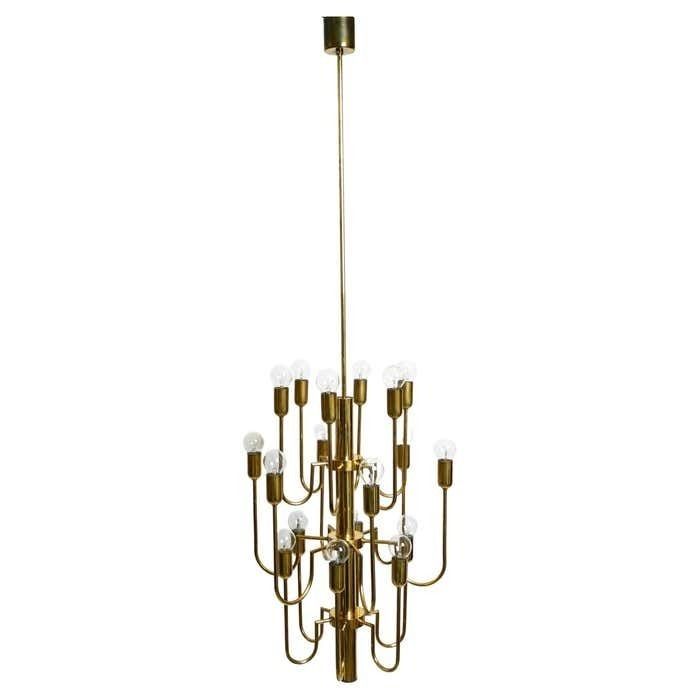 Beautiful Three Staged 18 Arm Mid Century Brass Chandelier With A Long Brass Rod
