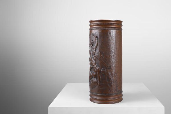 Copper Umbrella Stand With Hammered Relief Of Medieval Café, France, 1900s photo 632.0