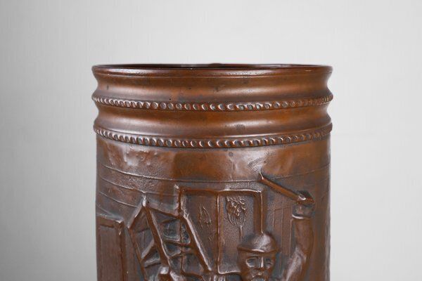 Copper Umbrella Stand With Hammered Relief Of Medieval Café, France, 1900s photo vintage