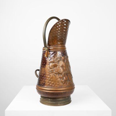 Copper Umbrella Stand With Hammered Medieval Bakery Relief, France, 1900s