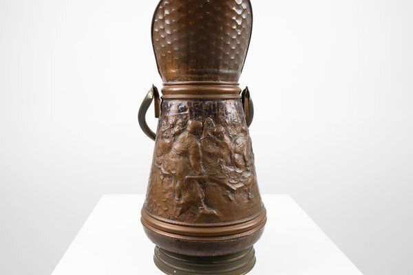 Copper Umbrella Stand With Hammered Medieval Bakery Relief, France, 1900s photo for sale