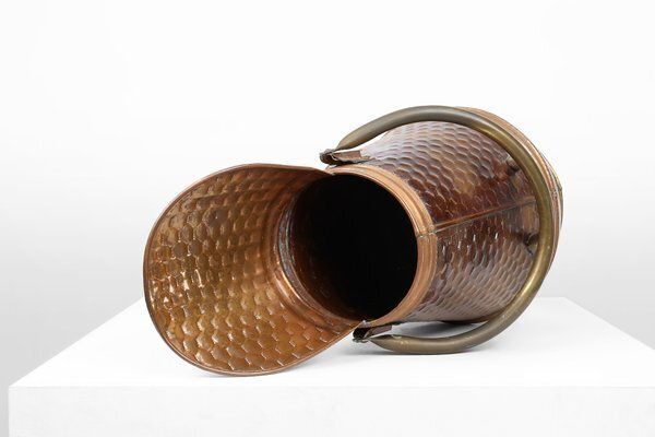 photo for sale Copper Umbrella Stand With Hammered Medieval Bakery Relief, France, 1900s