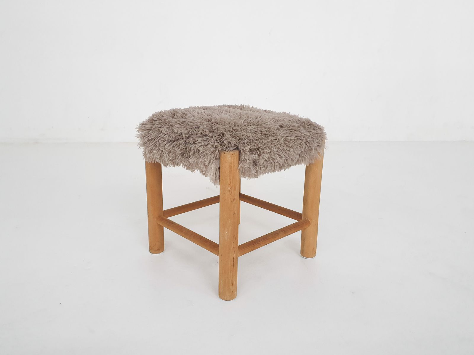 Mid Century Wooden Stool With Fake Fur Upholstery, Denmark 1960's