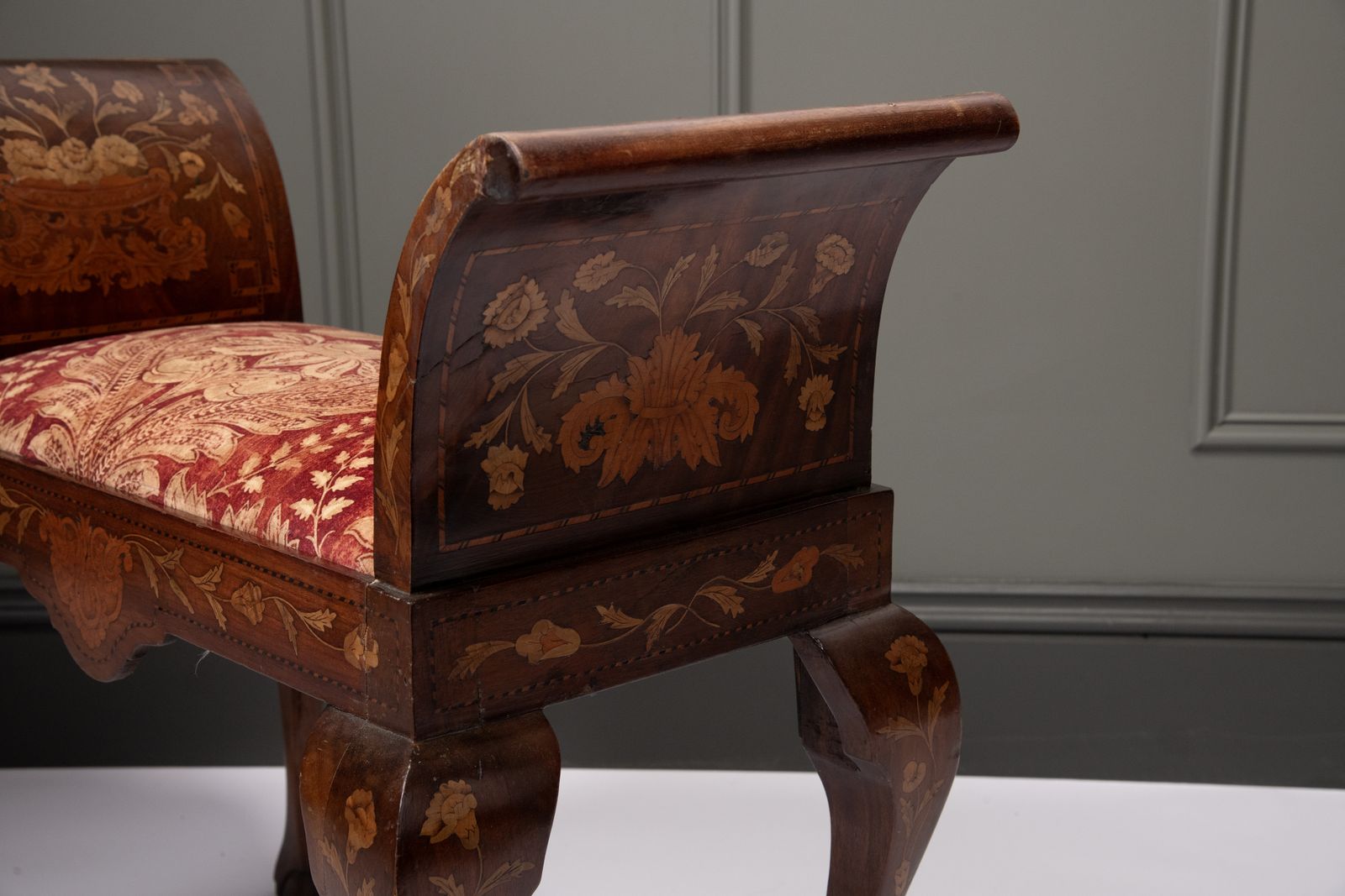 A Dutch Marquetry Window Seat Upholstered In A Gp&J Baker Velvet photo for sale