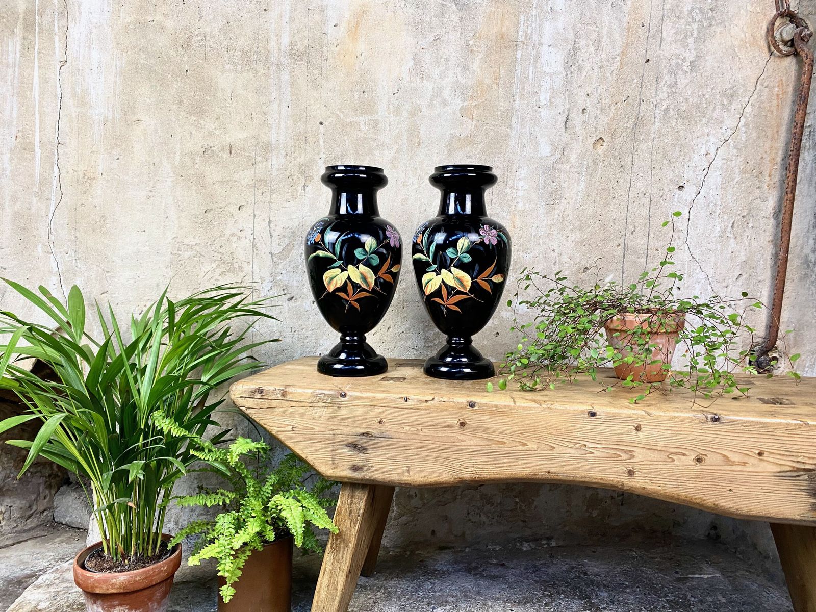Victorian Pair Amethyst Glass Vases With Hand Painted Floral Design photo furniture