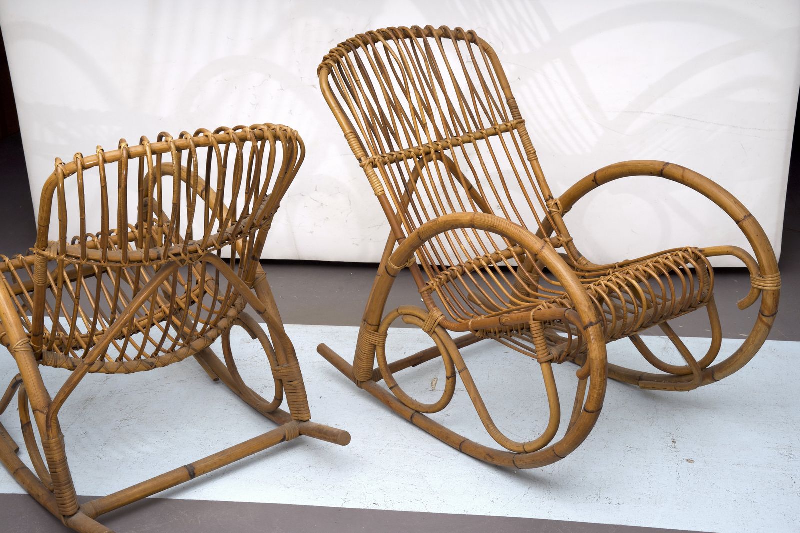 Franco Albini Style, Pair Of Rattan And Bamboo Rocking Chairs. Italy 1950s photo furniture