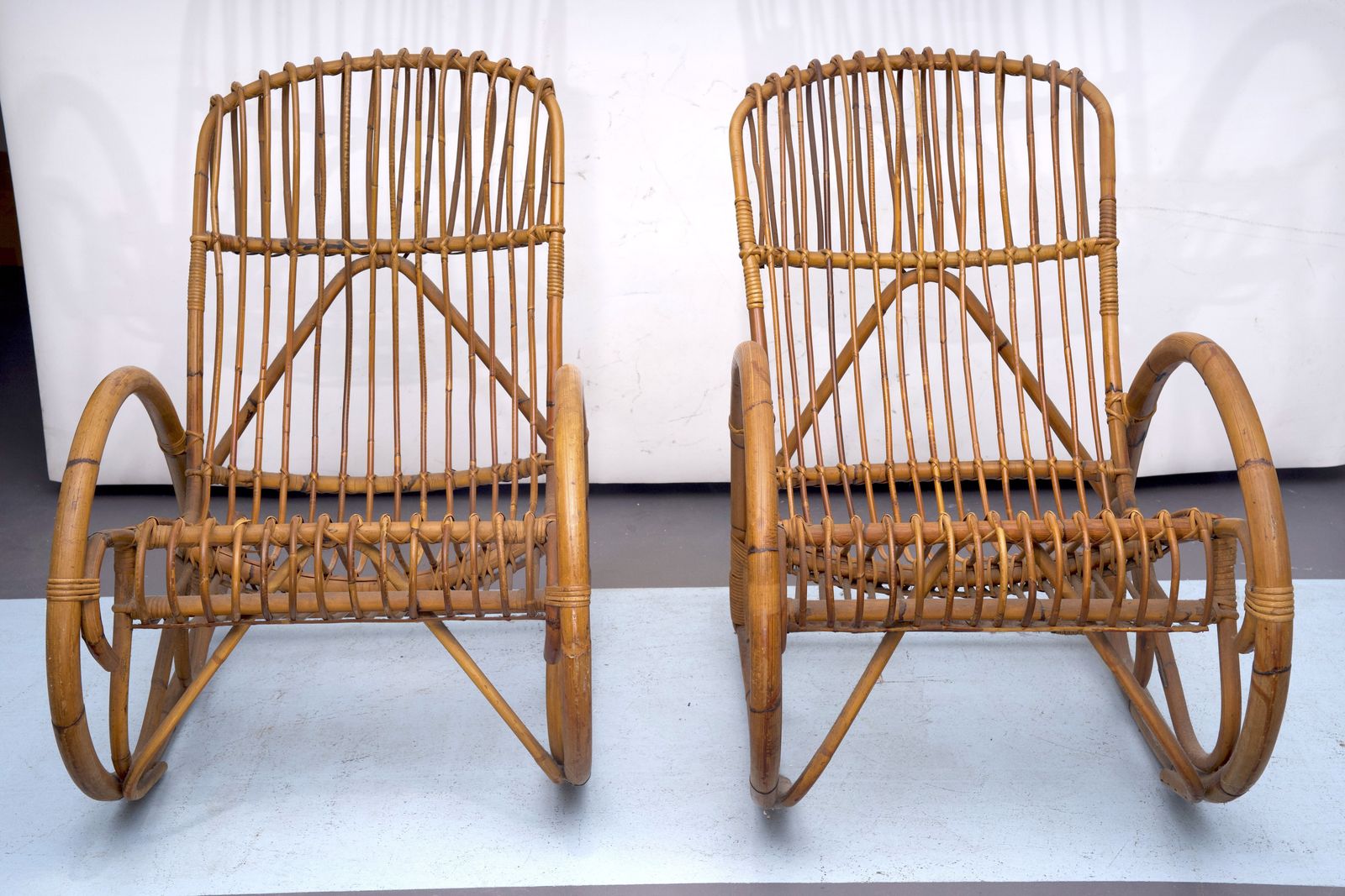 Franco Albini Style, Pair Of Rattan And Bamboo Rocking Chairs. Italy 1950s photo for sale