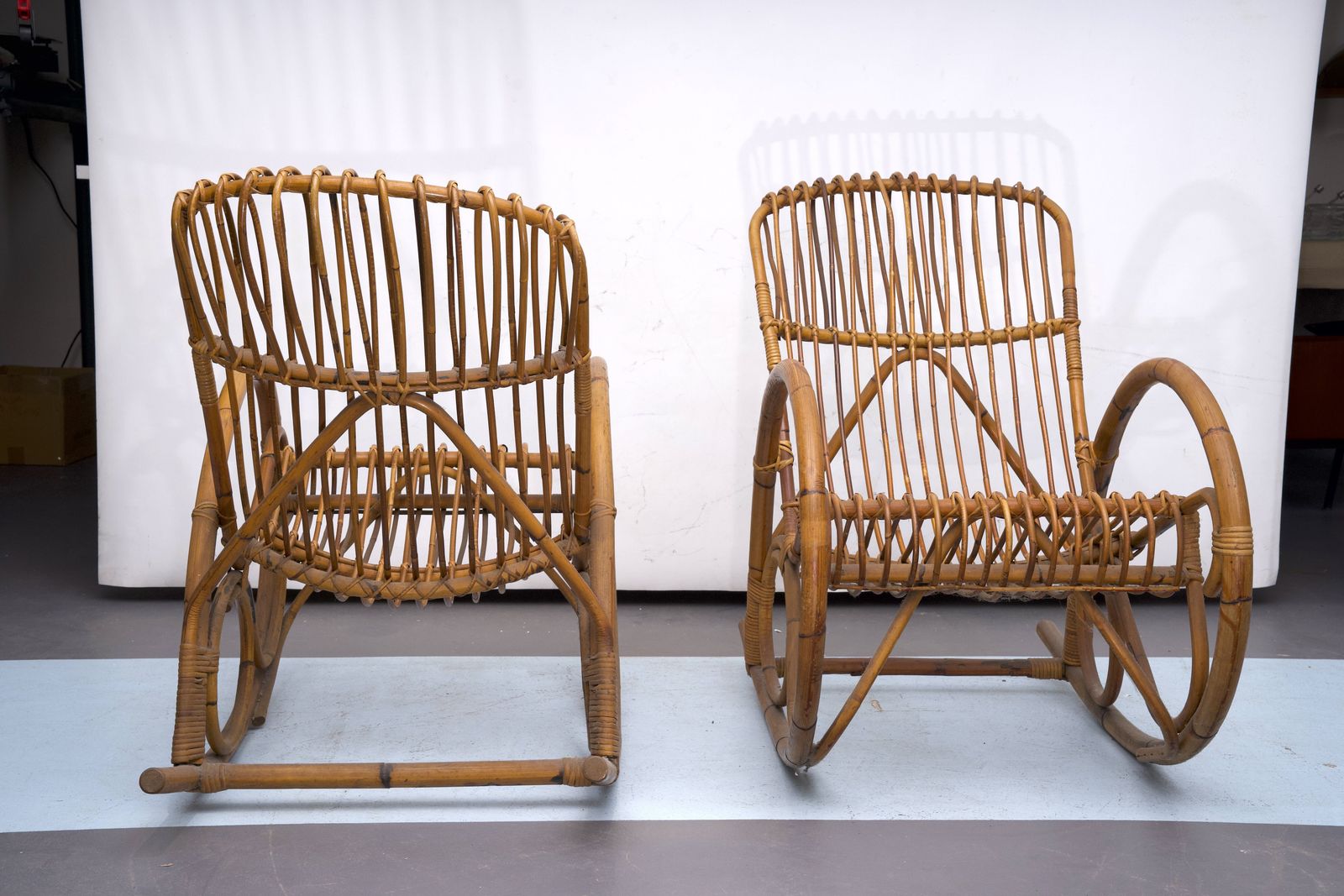 Franco Albini Style, Pair Of Rattan And Bamboo Rocking Chairs. Italy 1950s photo buy