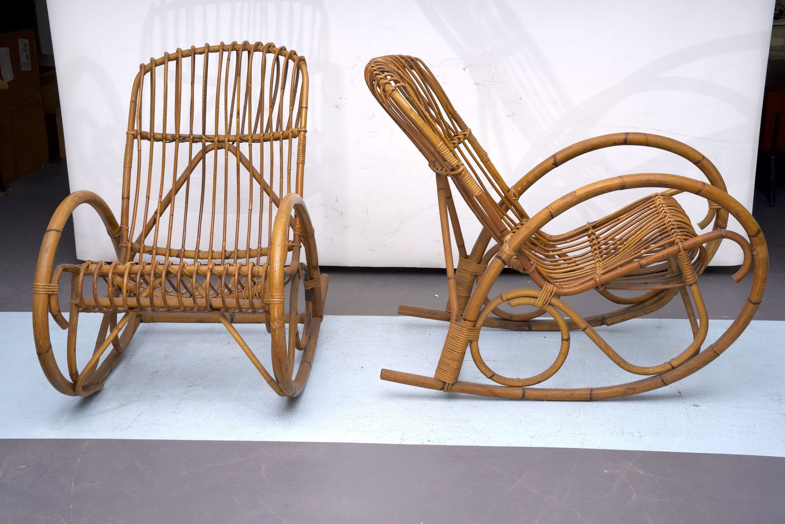 photo for sale Franco Albini Style, Pair Of Rattan And Bamboo Rocking Chairs. Italy 1950s