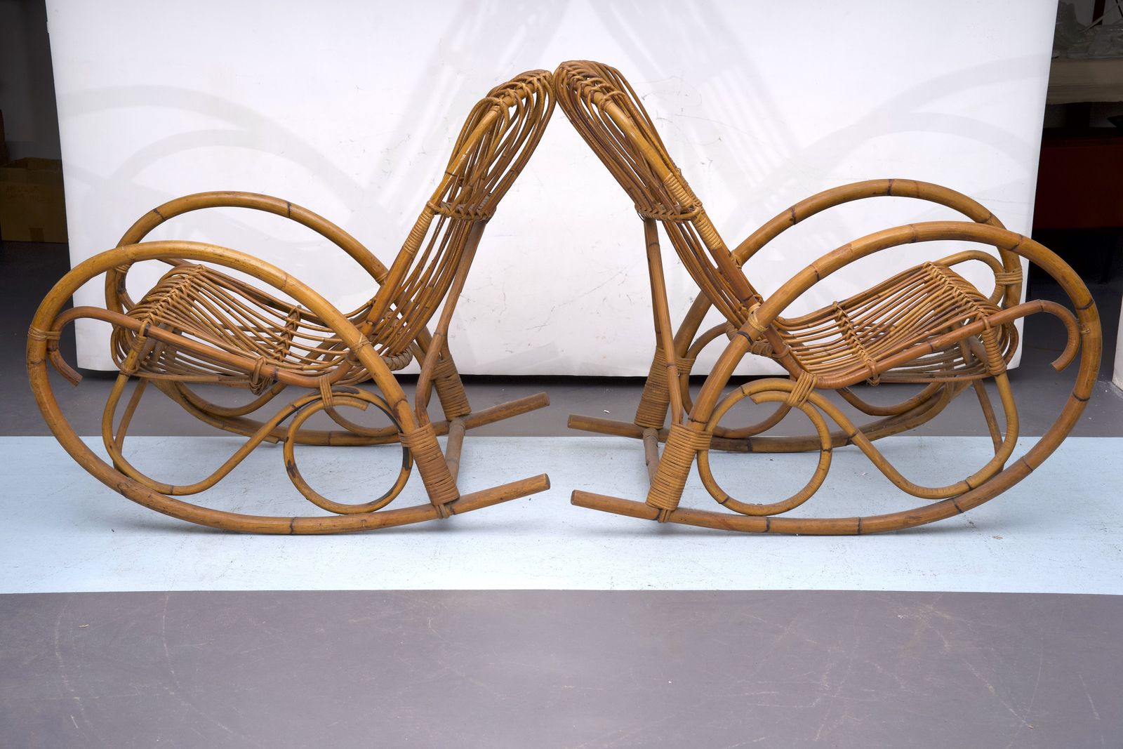 photo vintage Franco Albini Style, Pair Of Rattan And Bamboo Rocking Chairs. Italy 1950s