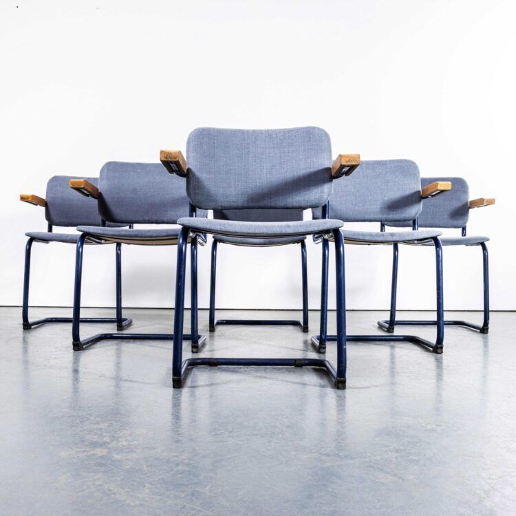 1970’s Cantilever Blue Frame Dining Chairs With Blue – Grey Upholstery – Set Of Six