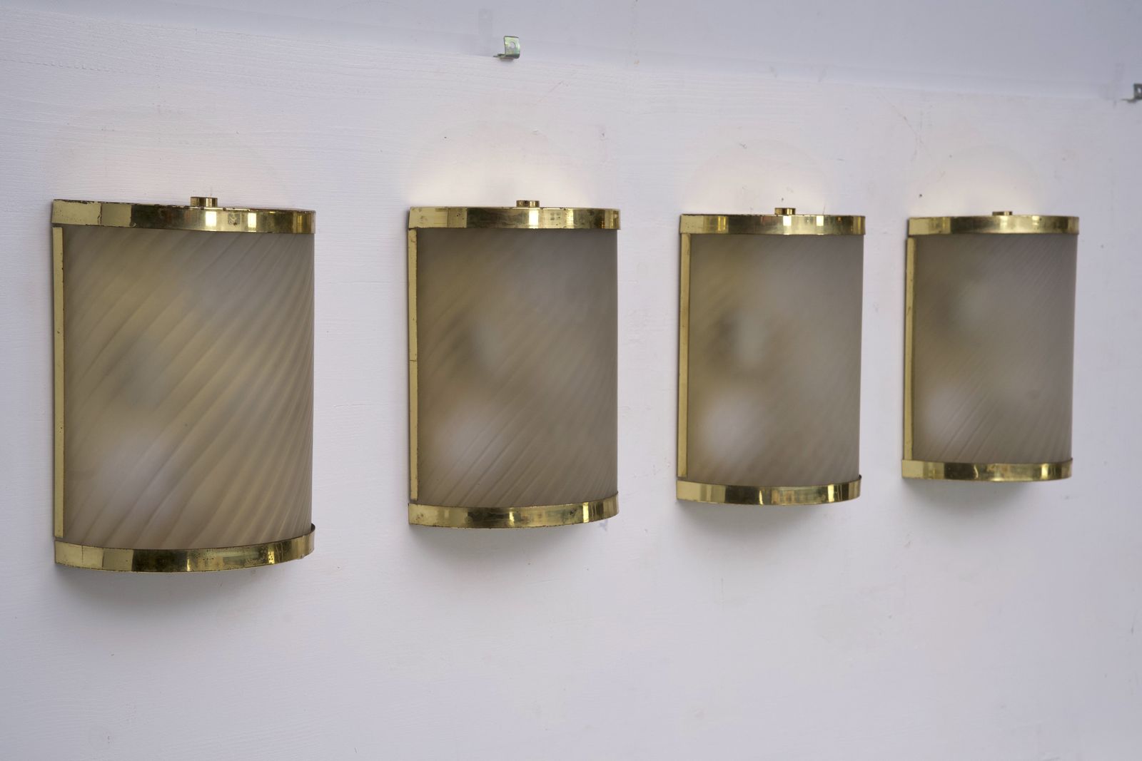 Rare Set Of Four Valentino Brass And Etched Glass Wall Sconces, Italy 1980s photo furniture