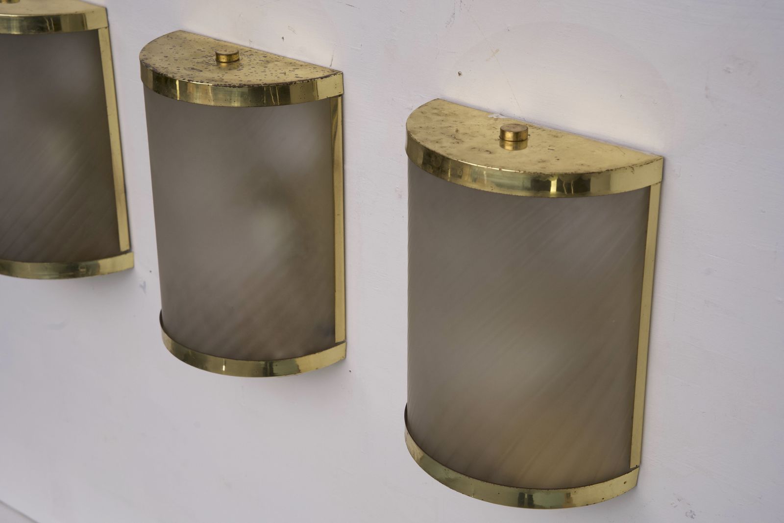 Lighting Rare Set Of Four Valentino Brass And Etched Glass Wall Sconces, Italy 1980s photo