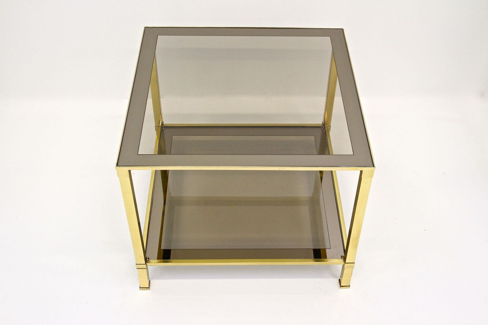 20th Century Hollywood Regency Brass Side/ End Table, Smoked Glass, It Ca. 1970 photo vintage