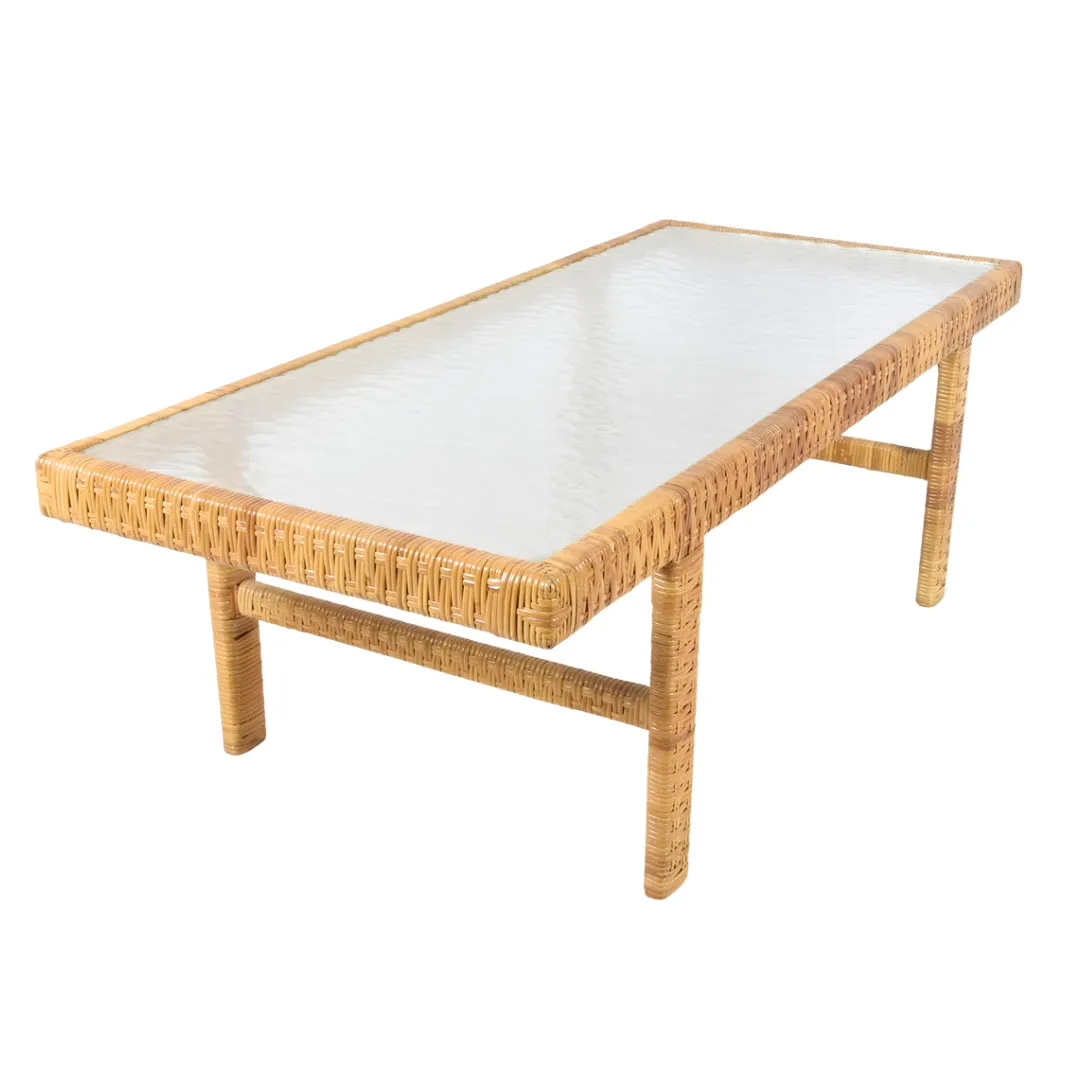 Danish Modern Coffee Table In Rattan Cane And Matt Glass By R. Wengler 1940s photo furniture