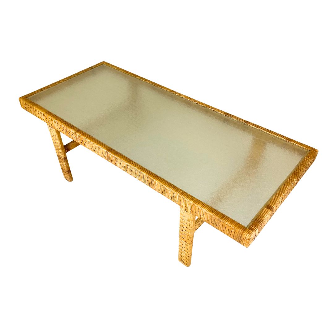 Danish Modern Coffee Table In Rattan Cane And Matt Glass By R. Wengler 1940s photo for sale