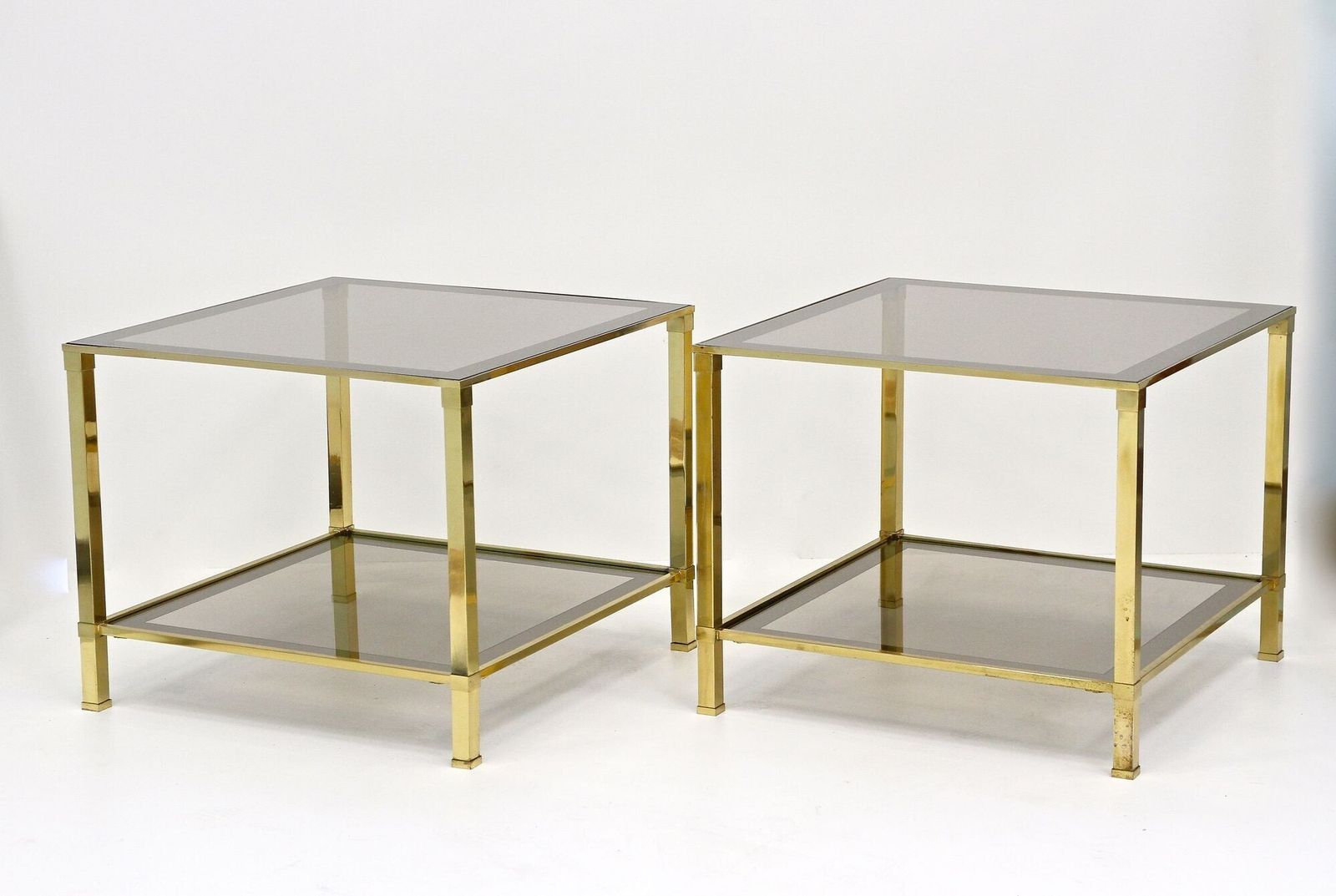 Pair Of Hollywood Regency Brass End/ Side Tables, Smoked Glass, Italy Ca. 1970
