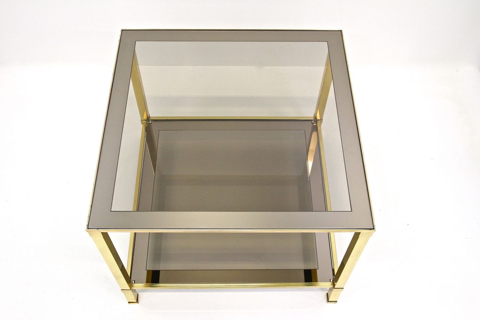 Pair Of Hollywood Regency Brass End/ Side Tables, Smoked Glass, Italy Ca. 1970 photo for sale