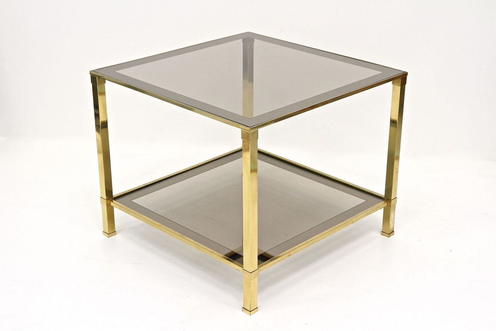 Pair Of Hollywood Regency Brass End/ Side Tables, Smoked Glass, Italy Ca. 1970 photo vintage