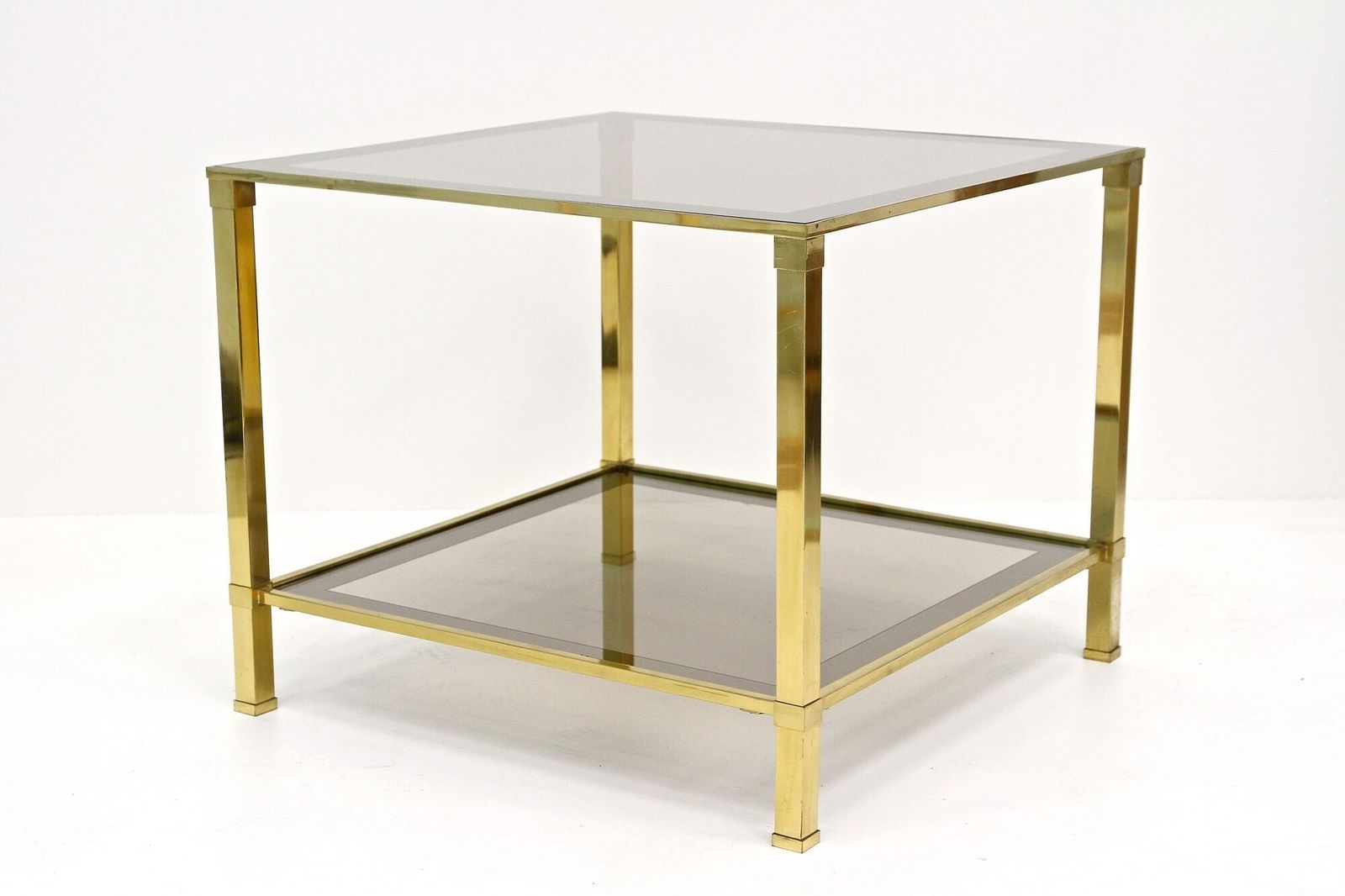 photo for sale Pair Of Hollywood Regency Brass End/ Side Tables, Smoked Glass, Italy Ca. 1970
